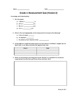 Preview of Grade 6 Measurement Quiz/Test Version 3 (Modified/Reduced Number of Questions)
