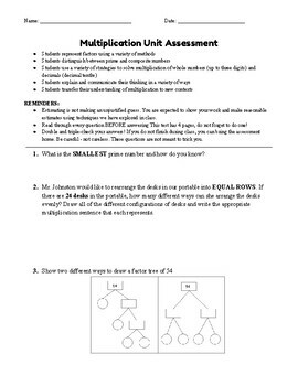 Preview of Grade 6: Multiplication Unit Assessment