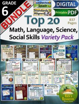 Preview of 6th Grade TOP 20 Math, Language, Science, Social Skills Variety Pack