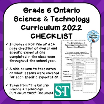 Preview of Grade 6 ONTARIO SCIENCE & TECHNOLOGY CURRICULUM 2022 EXPECTATIONS CHECKLIST