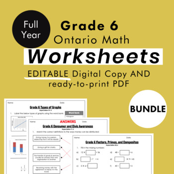 Preview of Grade 6 Ontario Math Curriculum FULL YEAR Worksheet Bundle (all expectations)