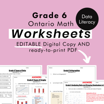 Preview of Grade 6 Ontario Math -Data Literacy Worksheets -PDF+FULLY Editable Google Slides