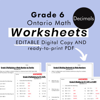 Preview of Grade 6 Ontario Math - Decimal Operations Worksheets -PDF+Editable Google Slides