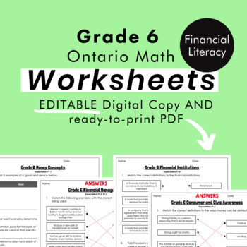 Preview of Grade 6 Ontario Math Financial Literacy PDF & Editable Worksheets