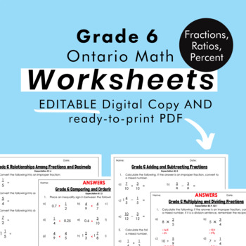 Preview of Grade 6 Ontario Math - Fractions, Ratios, Percent Worksheets - PDF+Google Slides