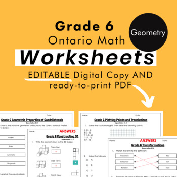 Preview of Grade 6 Ontario Math - Geometry Worksheets - PDF+FULLY Editable Google Slides
