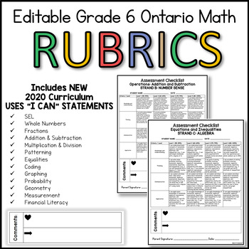 Preview of Grade 6 Ontario Math Rubrics - 2020 CURRICULUM & ALL STRANDS