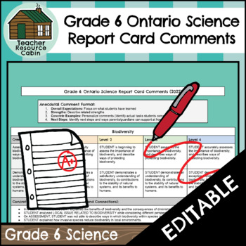 Preview of Grade 6 SCIENCE Ontario Report Card Comments (Use with Google Docs™)