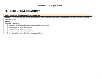 Preview of Grade 7 Common Core "I Can" Statements for Reading