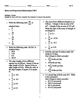 Grade 7 Common Core Math 7.RP.1 Worksheet (Multiple Choice ...