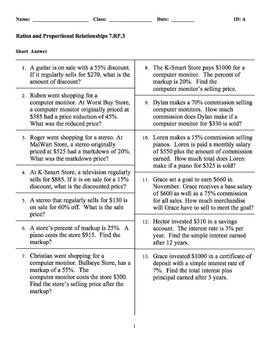 Grade 7 Common Core Math 7.RP.3 Worksheet (Short Answer) by Terry Daniels