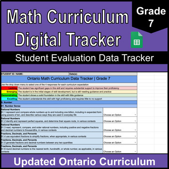 Preview of Grade 7 Digital Math Data Tracker | Ontario Math Curriculum | Google Sheets