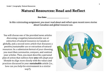Preview of Grade 7 Geography, Natural Resources - Final Project and Rubric