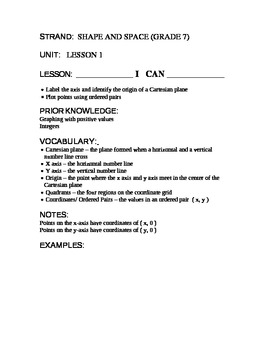 Preview of Grade 7 - "I CAN" lesson plan guide for lesson 1 - Coordinate Plane