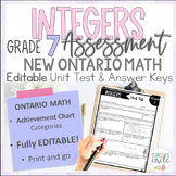 Grade 7 Integers Unit Assessment NEW Ontario Math Operatio