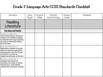 Preview of Grade 7 Language Arts CCSS Standards Checklist
