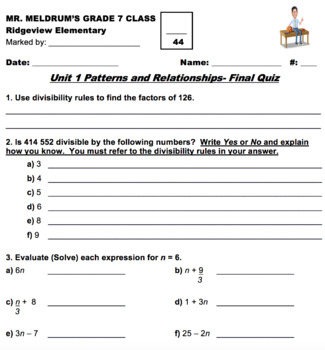 Preview of Grade 7 Math Makes Sense Unit 1 Patterns and Relations End of Unit Quiz