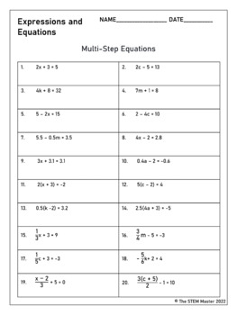 Grade 7 Math Multi-Step Equations Problems 7.EE.3 Worksheet by The STEM ...