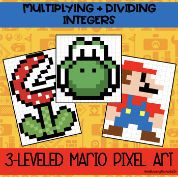 Preview of Grade 7 Multiplying and Dividing Integers 3-Leveled Mario Pixel Art | Math