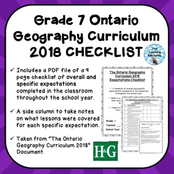 Preview of Grade 7 ONTARIO GEOGRAPHY CURRICULUM 2018 EXPECTATIONS CHECKLIST
