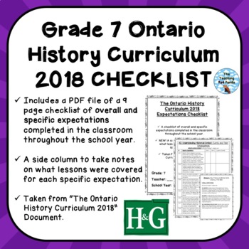 Preview of Grade 7 ONTARIO HISTORY CURRICULUM 2018 EXPECTATIONS CHECKLIST