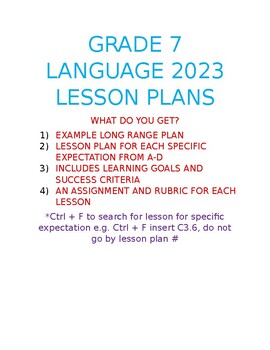 Preview of Grade 7 Ontario Curriculum Language 2023 Lesson Plans A-D (55+ Lesson Plans)