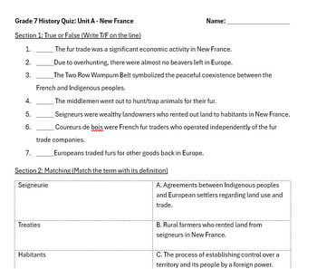 Preview of Grade 7 Ontario History Quiz (Mid-Unit)