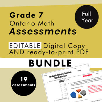 Preview of Grade 7 Ontario Math Curriculum Full Year Assessment Bundle (tests, quizzes)