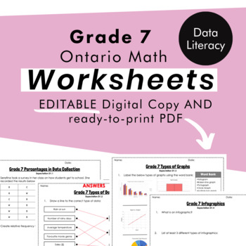 Preview of Grade 7 Ontario Math -Data Literacy Worksheets -PDF+FULLY Editable Google Slides