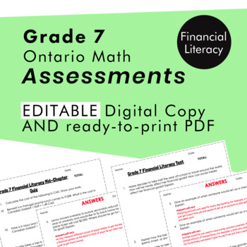 Preview of Grade 7 Ontario Math - Financial Literacy Assessments - PDF+Google Slides