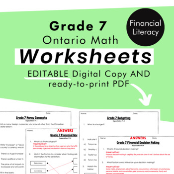 Preview of Grade 7 Ontario Math - Financial Literacy Worksheets -PDF+Editable Google Slides