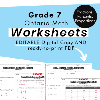 Preview of Grade 7 Ontario Math -Fractions, Percents, Proportions Worksheets -Google Slides