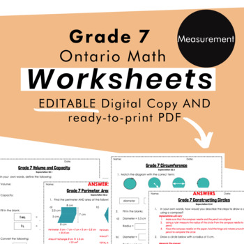Preview of Grade 7 Ontario Math - Measurement Worksheets - PDF+Editable Google Slides