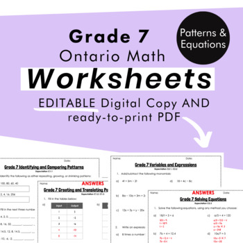 Preview of Grade 7 Ontario Math - Patterns & Equations - PDF+FULLY Editable Google Slides