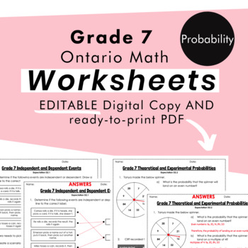 Preview of Grade 7 Ontario Math - Probability Worksheets - PDF+FULLY Editable Google Slides