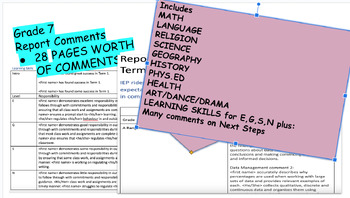 Preview of Grade 7 Ontario Report Card Comments- Over 200 comments!!