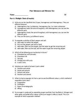 Preview of Grade 7 - Pure Substances and Mixtures Test