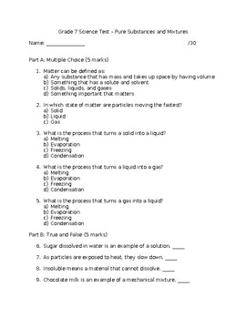 Preview of Grade 7 - Pure Substances and Mixtures Test (with answer key)