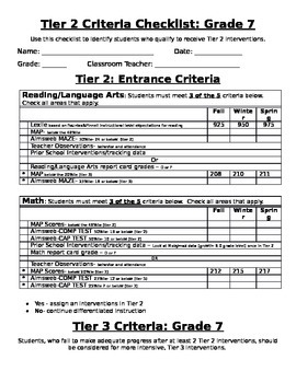 Preview of Grade 7: RtI Tier 2 & 3 Placement/Exit Criteria Checklists