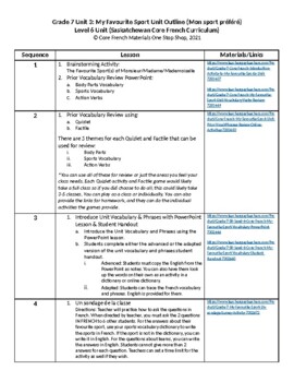 Preview of Grade 7 (SK Level 6) Core French My Favourite Sport Unit Outline