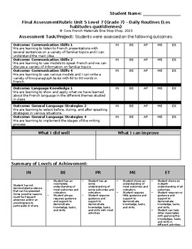 Preview of Grade 7 (SK Level 7) Core French Daily Routines Unit Final Assessment Rubric