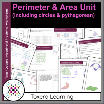 Preview of Grade 8, 2D Measurement - Perimeter & Area (w/ circles & pythagorean) (Unit 4)