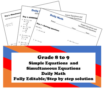 Preview of Grade 8/9 Systems of Equations Daily Math (Ready to print!)