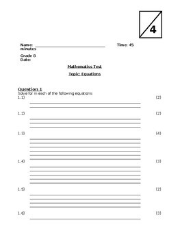 Preview of Grade 8 Equations test