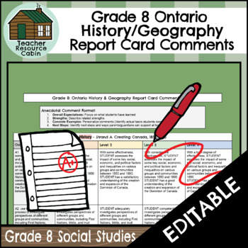 Preview of Grade 8 GEOGRAPHY/HISTORY Ontario Report Card Comments (Use with Google Docs™)
