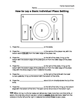 Preview of Grade 8 Home Economics Basic Place Setting Worksheet
