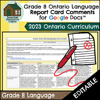 Preview of Grade 8 LANGUAGE Report Card Comments | 2023 Ontario (Use with Google Docs™)