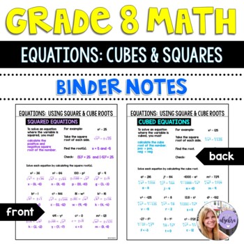 Preview of Grade 8 Math - Equations with Squares and Cubes Binder Notes Worksheet