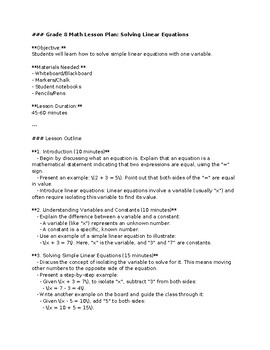 Preview of Grade 8 Math Lesson Plan: Solving Linear Equations