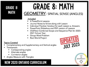 Preview of Grade 8 Math - Spatial Sense E2: Angles (New Ontario Math Curriculum 2020)
